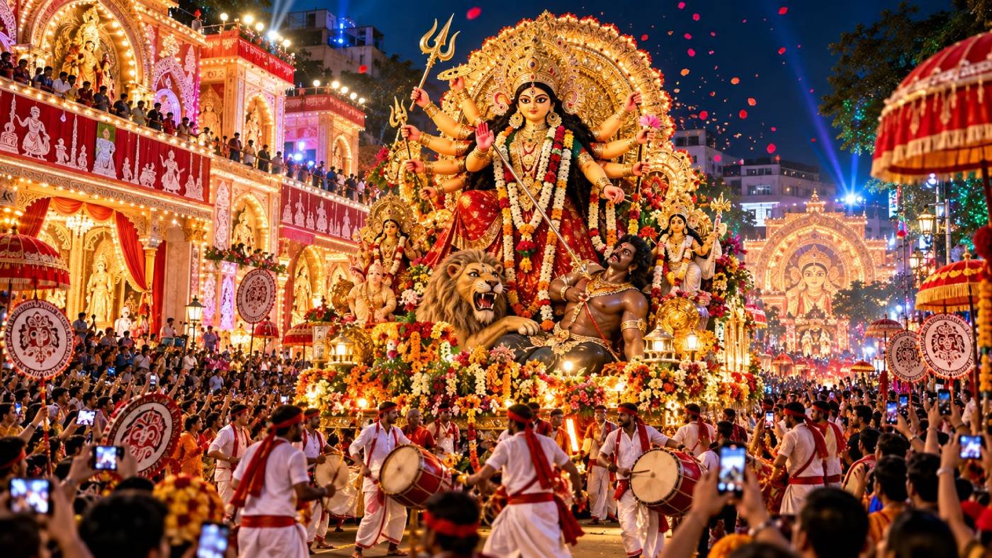 Grand Durga Puja Celebration Procession Video Prompt